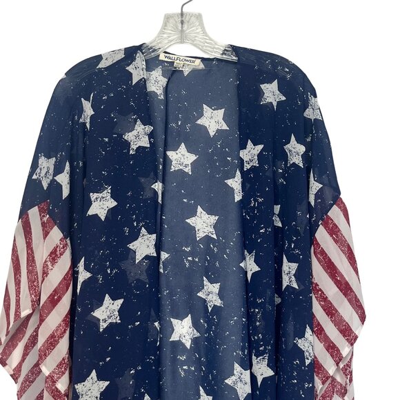 Wallflower Womens Star & Stripes Kimono Cardigan Patriotic Blue Size Medium - Picture 3 of 7
